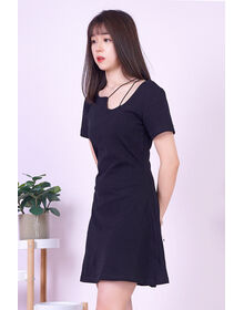 Fine Single Side Double Strap A Line Dress (Black)
